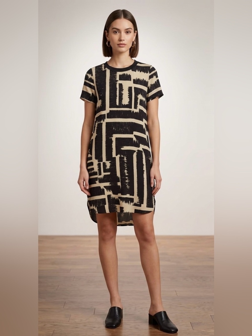 Hunter Bell NY Silk Chiffon Abstract Brushstroke HighLow Tunic Dress Cream/Black
